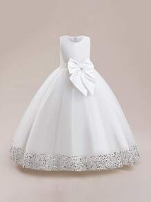 Tween Girl Sequin Bow Mesh Party Dress, Suitable For Formal Dinner, Birthday, Does Not Include Headband - White - View 4
