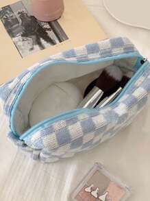 Túi đựng mỹ phẩm đan Checkerboard Túi đựng đồ đan Túi đựng đồ vệ sinh cá nhân Túi đựng mỹ phẩm dung tích lớn di động - Xanh và trắng - Xem 4