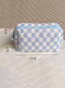 Túi đựng mỹ phẩm đan Checkerboard Túi đựng đồ đan Túi đựng đồ vệ sinh cá nhân Túi đựng mỹ phẩm dung tích lớn di động - Xanh và trắng - Xem 7