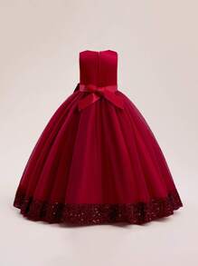少女亮片蝴蝶结网纱派对连衣裙，适合正式场合、晚宴、生日等，不含头饰 - 酒紅色 - 查看 2