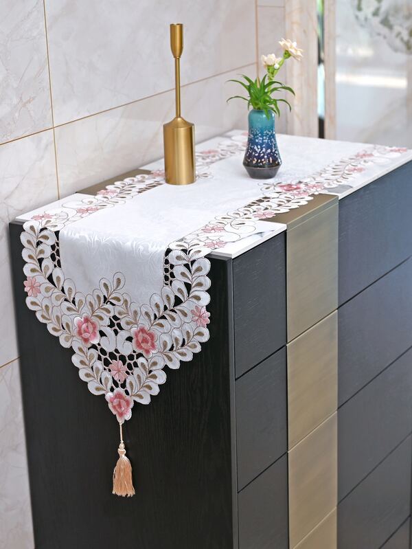 1pc Pink Peach Blossom Table Runner, Country Polyester Jacquard Fabric Long Embriodered Hollow Out Tablecloth, Suitable For Living Room Bedroom Dining Table Tv Cabinet Sideboard Chest Of Drawers And So On.