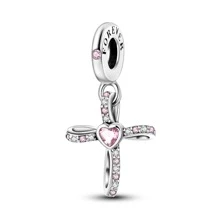 1pc Shiny Pink Cubic Zirconia Cross Bead Pendant, Suitable For Bracelets, Necklaces, DIY Jewelry Making Gifts For Girls - Silver - View 2