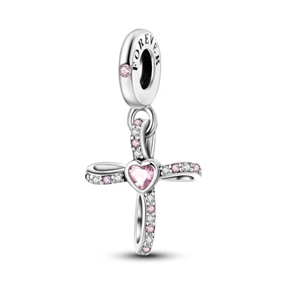 1 pieza Colgante de cruz con cuentas de circonita cúbica rosa brillante, adecuado para pulseras, collares, manualidades de joyería, regalos para niñas