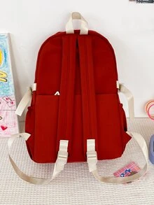 大容量多口袋熊裝飾用品棋盤格圖案後背包帶雙肩背帶,適用於中間學校學生 - 紅色 - 查看 2