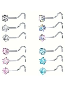 12pcs Stainless Steel Luxury Nose Studs Set With Colored Zirconia Inlay - Silver - View 1