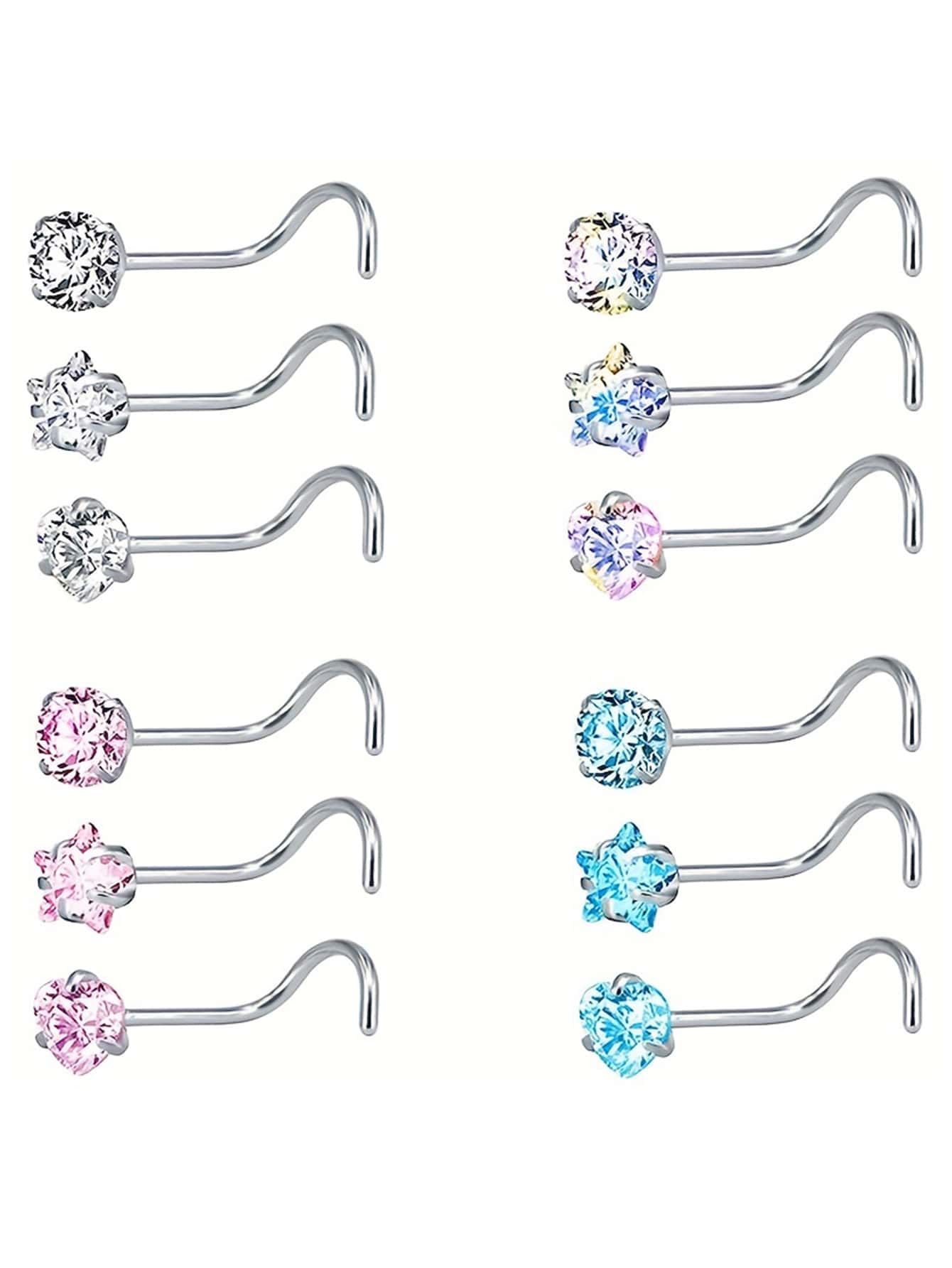 12pcs Stainless Steel Luxury Nose Studs Set With Colored Zirconia Inlay - Silver - View 1