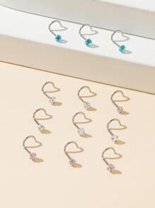 12pcs Stainless Steel Luxury Nose Studs Set With Colored Zirconia Inlay - Silver - View 2