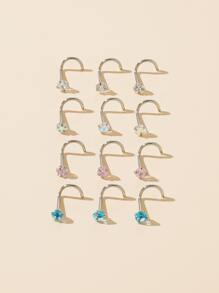 12pcs Stainless Steel Luxury Nose Studs Set With Colored Zirconia Inlay - Silver - View 4