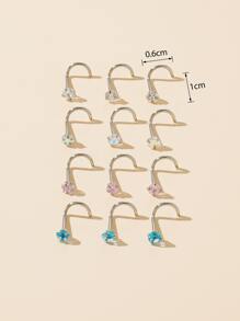 12pcs Stainless Steel Luxury Nose Studs Set With Colored Zirconia Inlay - Silver - View 5
