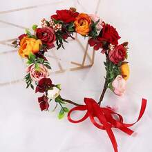 复古森系花冠发饰，带人造玫瑰花蕾，适合新娘盘发、节日、婚礼、旅行、波西米亚风万圣节情人节礼物 - 彩色 - 查看 2