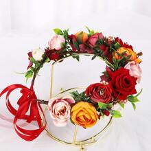 复古森系花冠发饰，带人造玫瑰花蕾，适合新娘盘发、节日、婚礼、旅行、波西米亚风万圣节情人节礼物 - 彩色 - 查看 3