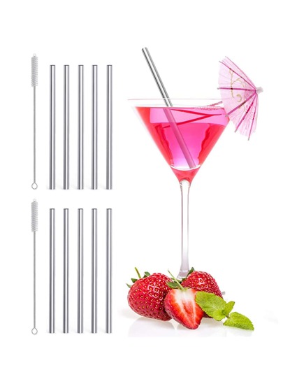 4/10pcs Stainless Steel Short Straws Set With Cleaning Brush, Suitable For Cocktail Glasses, Kitchen, Christmas Gift,School Supplies