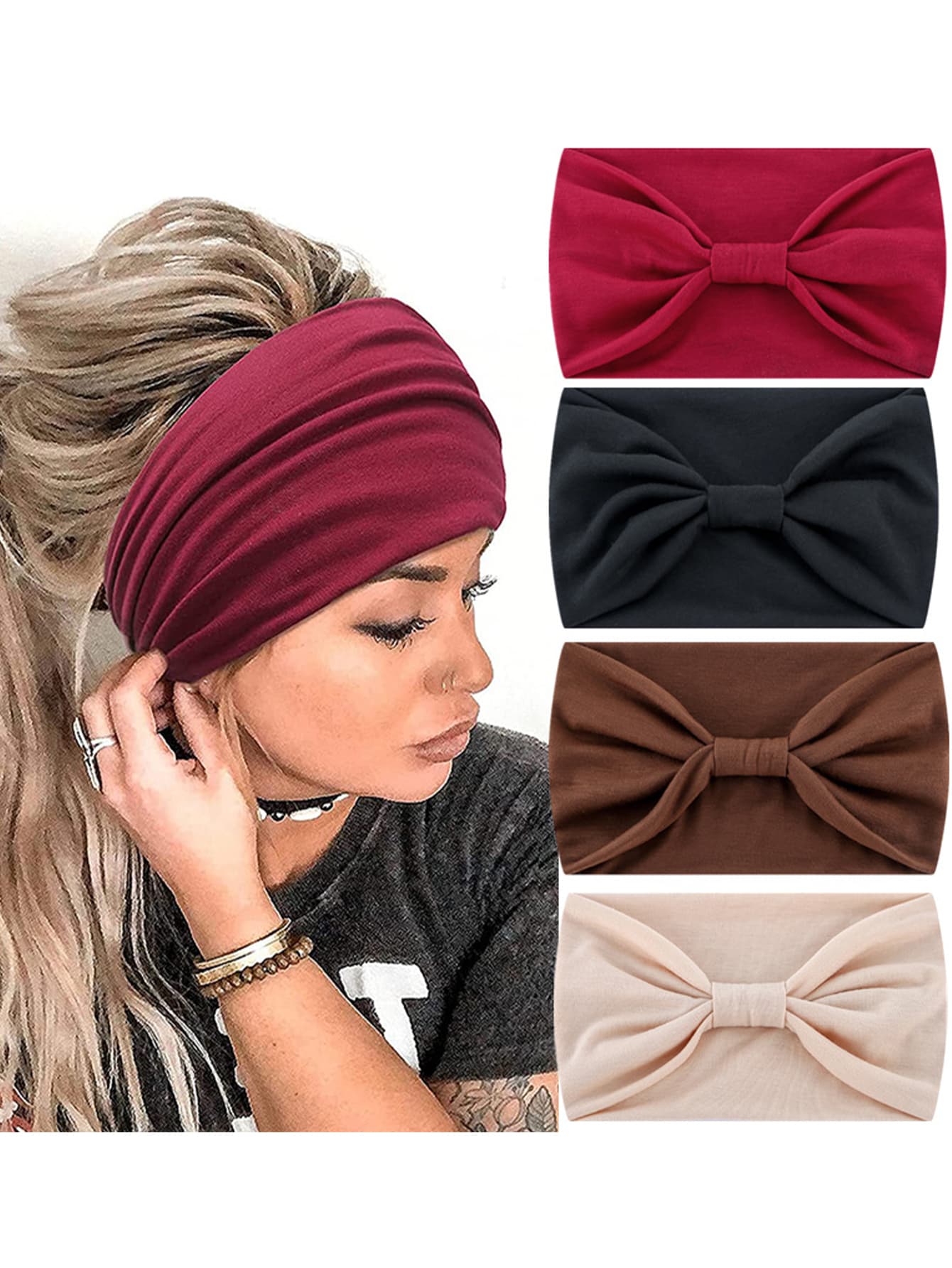 1 pieza unicolor Diadema ancha para mujeres , de moda con nudo Banda cabello , deportivo Muñequera Envoltura de la cabeza - Caqui - Ver 1