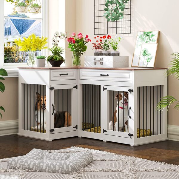 Large Corner Dog Crate Furniture for 2 Dogs with 2 Drawers, L Shape Dog