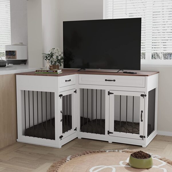 Large Corner Dog Crate Furniture for 2 Dogs with 2 Drawers, L Shape Dog
