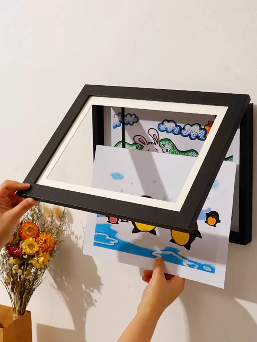 1 件，木制油画收纳盒带翻盖艺术画框开口艺术品相框可更换艺术品展示收纳框用于绘画制作卧室配件房间装饰，磁性翻盖相框 - 黑色 - 查看 1