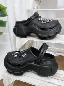 Guốc Punk Có Lỗ Thông Hơi Cho Nữ, Trang Trí Kim Loại & Rhinestone Thiết Kế Rỗng Guốc EVA - màu đen - Xem 3