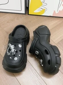 Guốc Punk Có Lỗ Thông Hơi Cho Nữ, Trang Trí Kim Loại & Rhinestone Thiết Kế Rỗng Guốc EVA - màu đen - Xem 4