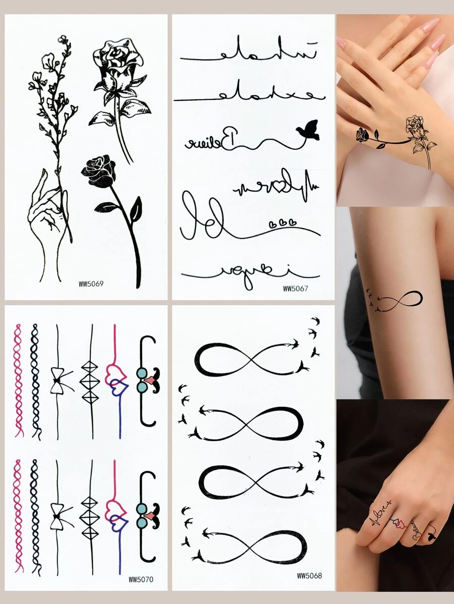 4張花卉和字母圖案紋身貼紙 - 黑色 - 查看 1