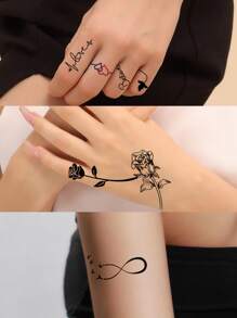 4張花卉和字母圖案紋身貼紙 - 黑色 - 查看 2