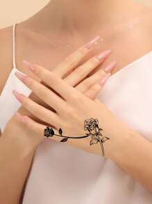 4張花卉和字母圖案紋身貼紙 - 黑色 - 查看 8