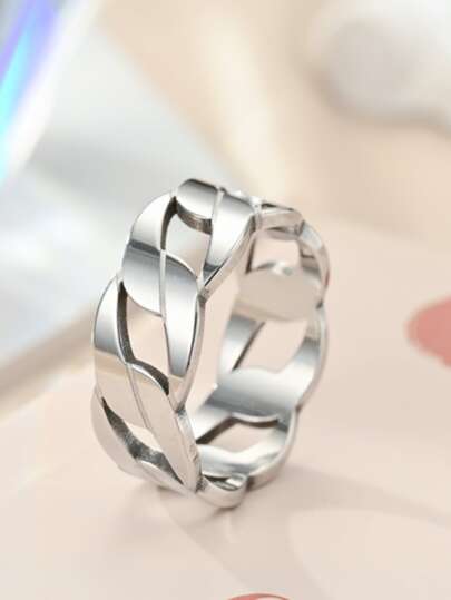 1pc Fashionable Casual Couple Rings, Titanium Steel Men's Ring With Personalized Hollow Twisted Chain Design, Flat Surface Ring, Retro, Street, Rock, Hip-Hop Style, Popular Accessory