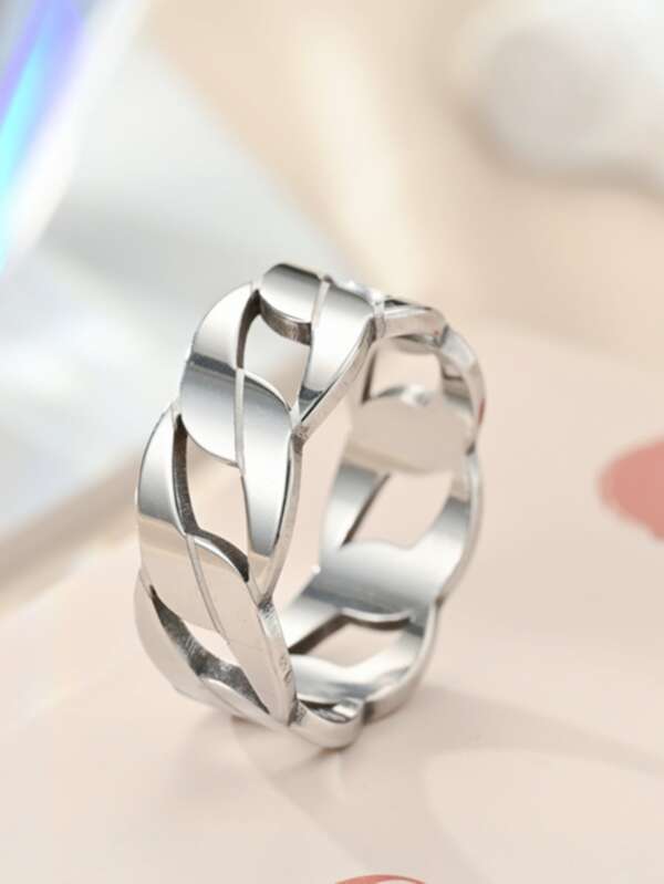 1pc Fashionable Casual Couple Rings, Titanium Steel Men's Ring With Personality Hollow Twisted Chain Design, Flat Surface Ring, Retro, Street, Rock, Hip-Hop Style, Popular Accessory