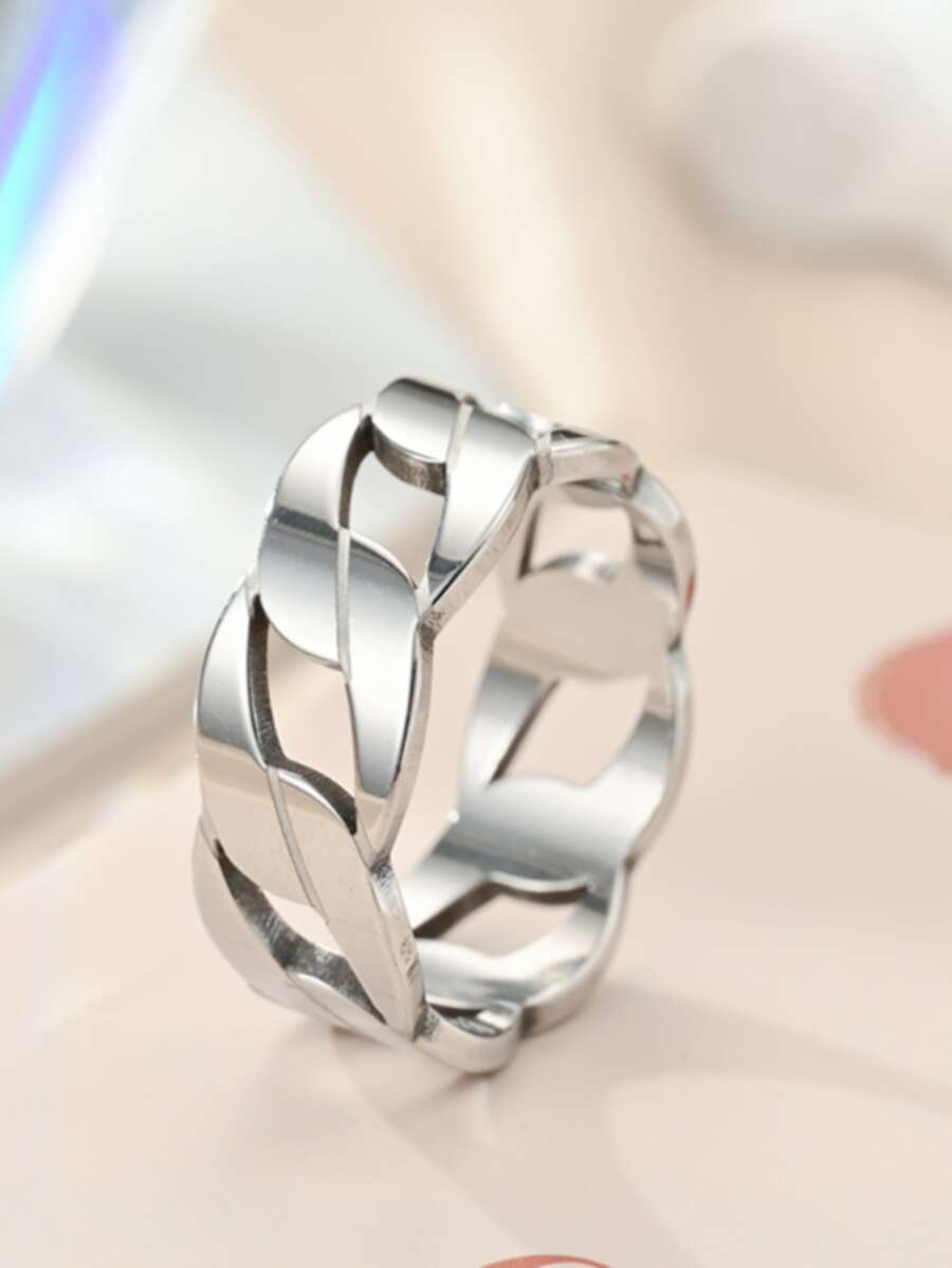 1pc Fashionable Casual Couple Rings, Titanium Steel Men's Ring With Personalized Hollow Twisted Chain Design, Flat Surface Ring, Retro, Street, Rock, Hip-Hop Style, Popular Accessory