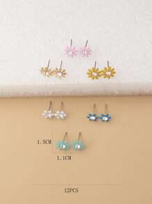 1 Card/12pcs Fashionable Multicolor Floral Design Ins Style Cute & Versatile Small Stud Earrings, Suitable For Holiday Travel - Multicolor - View 3