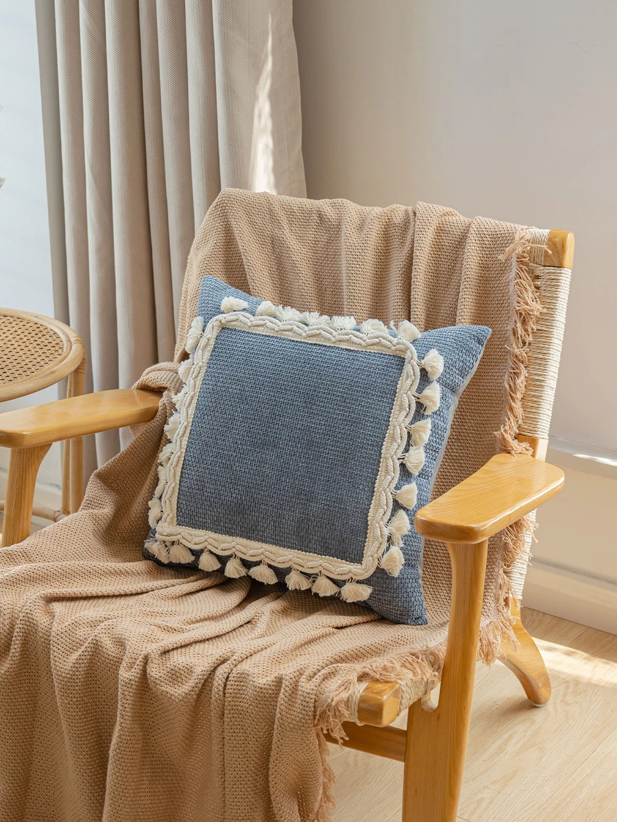 1pc Grey Geometric Design Tassel Decorative Throw Pillow Cover, Without Filler, For Sofa Home Decor - Dark Grey - View 1