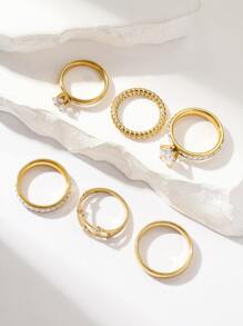 Hihho 6pcs Fashionable Minimalist Style Women's Rings Set With Large Cubic Zirconia Stone And Star & Plain Band Design, Great For Parties And As A Gift - Yellow Gold - View 2