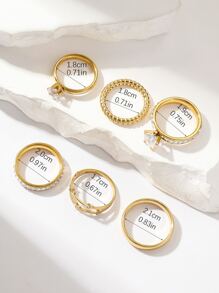 Hihho 6pcs Fashionable Minimalist Style Women's Rings Set With Large Cubic Zirconia Stone And Star & Plain Band Design, Great For Parties And As A Gift - Yellow Gold - View 4