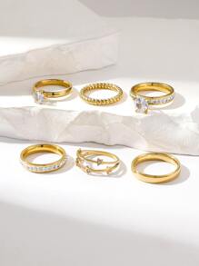 Hihho 6pcs Fashionable Minimalist Style Women's Rings Set With Large Cubic Zirconia Stone And Star & Plain Band Design, Great For Parties And As A Gift - Yellow Gold - View 3