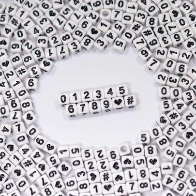100/200pcs Acrylic Black Square Beads With White Base, Clean Hole Painting Digit Symbols Beads For Bracelet, Necklace, Earrings, Keychain, Phone Charm, Anklet, Beading DIY Jewelry Making, Party Gifts