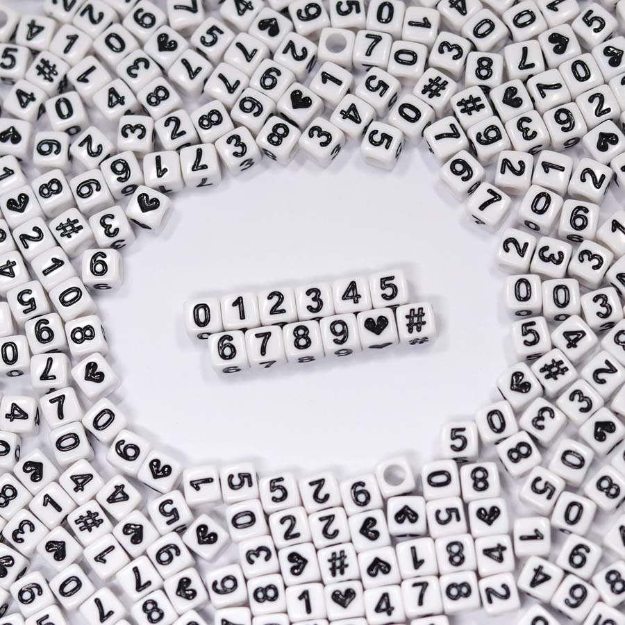 100/200pcs Acrylic Black Square Beads With White Base, Clean Hole Painting Digit Symbols Beads For Bracelet, Necklace, Earrings, Keychain, Phone Charm, Anklet, Beading DIY Jewelry Making, Party Gifts