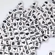 100/200pcs Acrylic Black Square Beads With White Base, Clean Hole Painting Digit Symbols Beads For Bracelet, Necklace, Earrings, Keychain, Phone Charm, Anklet, Beading DIY Jewelry Making, Party Gifts