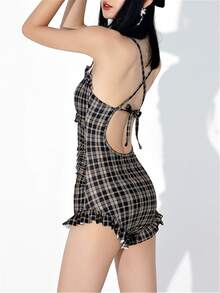 泳衣女夏季高端復古格子連體性感露背少女嬌小吊帶連體泳裝顯瘦泳衣 - 摩卡棕 - 查看 5