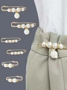 1 套 6 件白色珍珠装饰腰部延长钩和锌合金别针，适用于服装 - 白色 - 查看 1