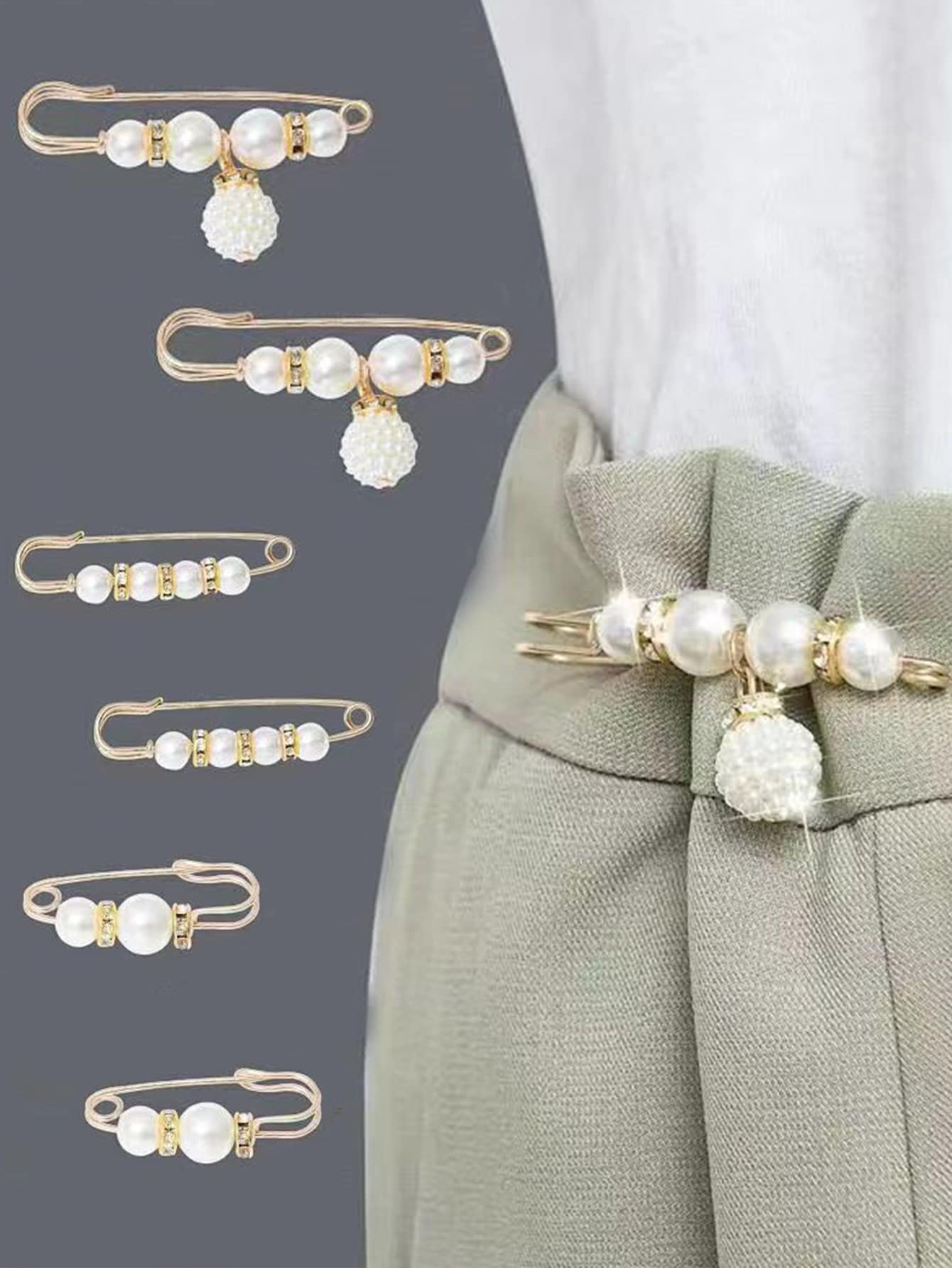 1 套 6 件白色珍珠装饰腰部延长钩和锌合金别针，适用于服装 - 白色 - 查看 1