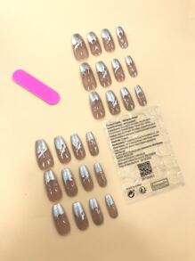 24 piezas Puntas de uñas plata gris longitud mediana fino brillar - Plateado - Ver 2