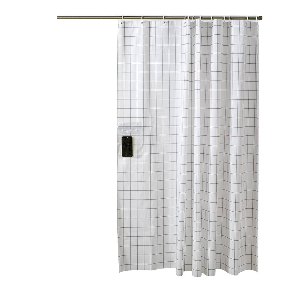 Multi-function Shower Curtain With Storage Pocket, Waterproof Phone Holder Shower Curtain - Black and White - View 1