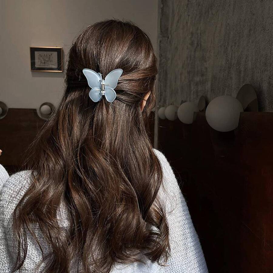 1pc Matte Jelly Color Butterfly Claw Clip For Women, Retro Style For Summer Date - Blue - View 1