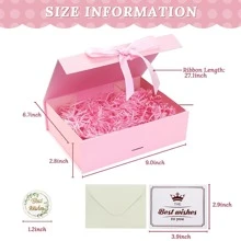 Pink Gift Box, Luxury Magnetic Gift Box with Lid Ribbon Greeting Card Shredded Paper, Gift Packaging Box for Present Birthday Wedding Anniversary Festival - Pink - View 2