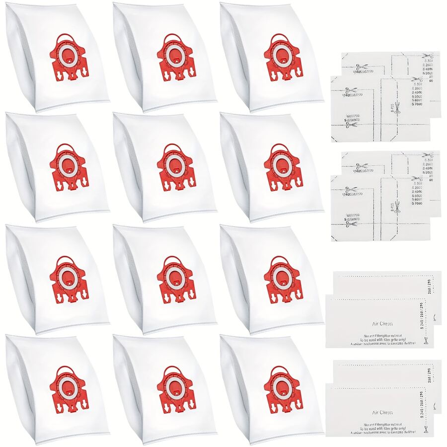 12 Packs 3D Airclean FJM Dust Bags For Miele Vacuum Cleaner, Compact C1, Compact C2, Complete C1, S241, S290, S300i, S500, S700, S4, S6 Series, With 4 Motor Protection Filters, 4 AirClean Filter - White - View 1
