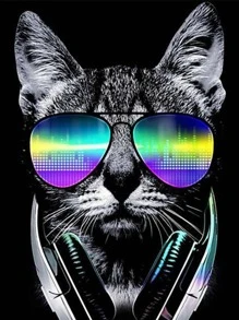 DIY鑽石畫的黑色貓穿著太陽眼鏡,手工製作圓形鑽石刺繡家庭裝飾工藝吊墜