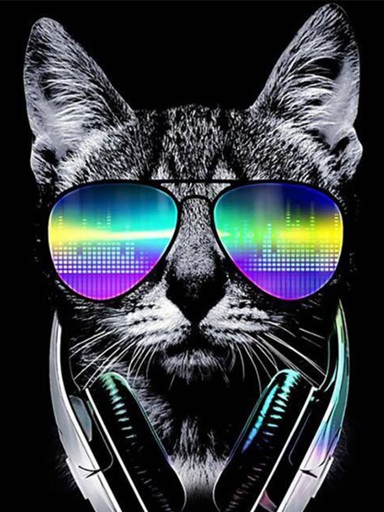 DIY鑽石畫的黑色貓穿著太陽眼鏡,手工製作圓形鑽石刺繡家庭裝飾工藝吊墜