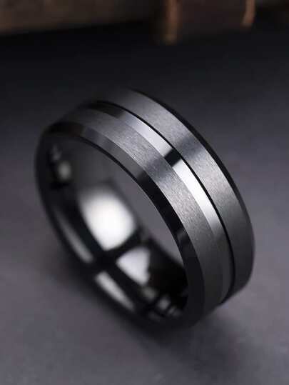 1pc 8mm Black Stainless Steel Men's Wedding Band, Dual Black Groove Beveled Stainless Steel Engagement Ring