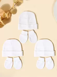3pcs/Set Baby 0-3M Seasonal Hat + Gloves + Fontanel Cover, Soft & Skin-Friendly, Daily Wear For Newborns, Hospital Hat - 白色 - 查看 4