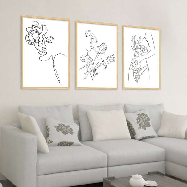 Triptych Abstract Line Figure & Flower No Frame Polyester Wall Art For Living Room, Bedroom, Study, Children's Room, Home Decor