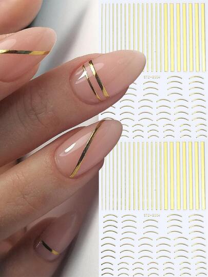 FULL BEAUTY 2片金属线条美甲贴纸 金色法式线条美甲贴花 简约线条美甲配件 DIY美甲装饰 美甲用品